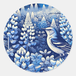 Texas Bluebonnets and Northern Mockingbird Texan Classic Round Sticker