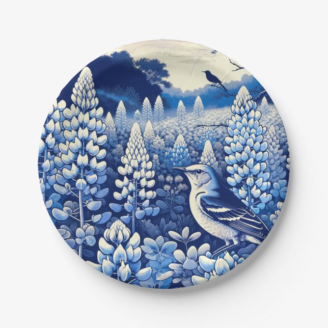 Texas Bluebonnets and Northern Mockingbird Texan   Paper Plate (Front)