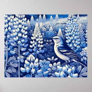 Texas Bluebonnets and Northern Mockingbird Texan   Poster