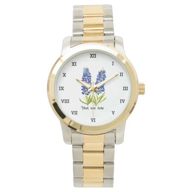 Texas bluebonnets Blue Floral Watercolor Texan Watch (Front)