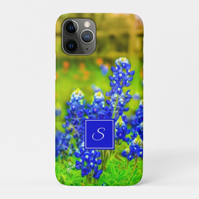 Texas Bluebonnets Floral Monogram Blue and Orange Case-Mate iPhone Case (Back)