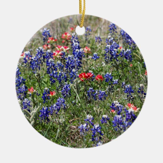 Texas Bluebonnets & Indian Paintbrush Wildflowers Ceramic Ornament (Front)