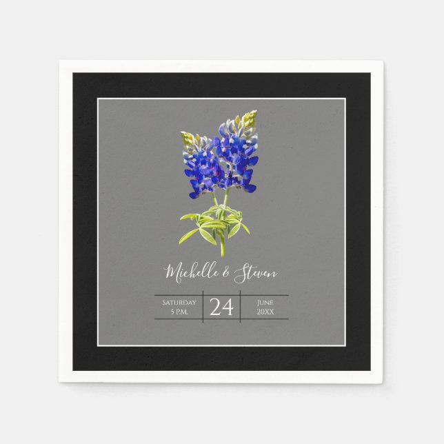 Texas Bluebonnets on Dark Grey, Spring Wedding Napkin (Front)