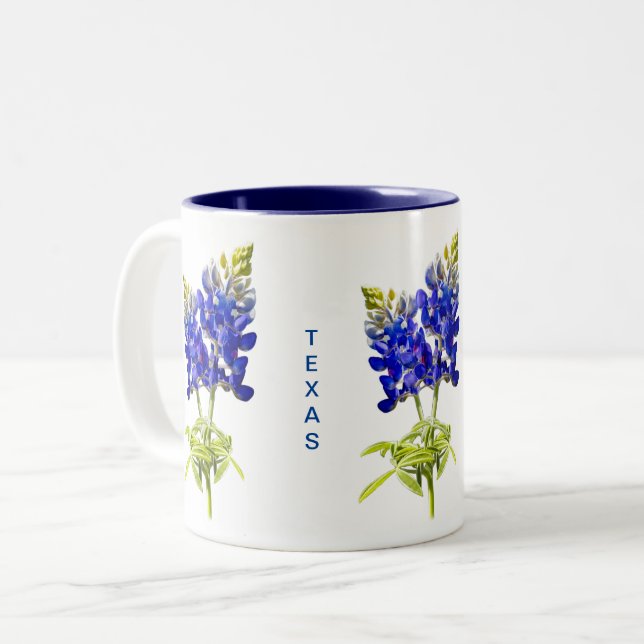 Texas Bluebonnets on white Two-Tone Coffee Mug (Front Left)