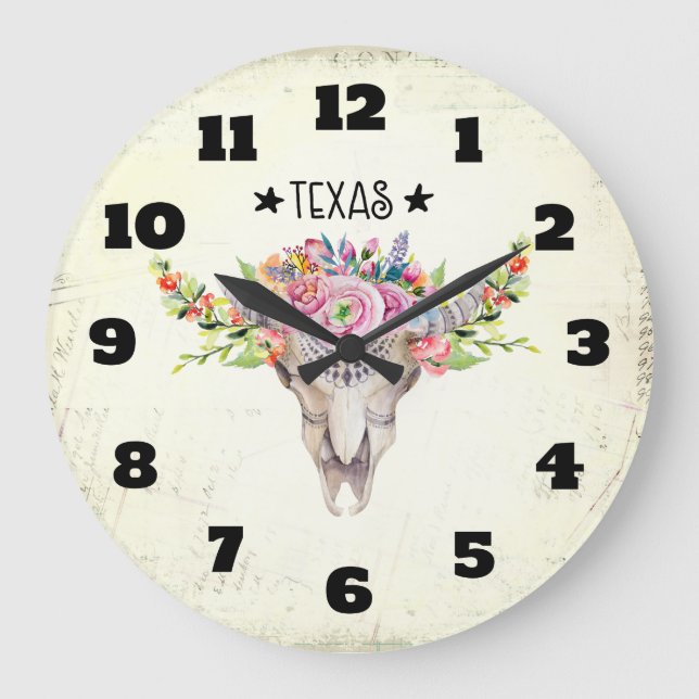 Texas Boho Cow Skull With Flowers Chic Trendy Large Clock (Front)