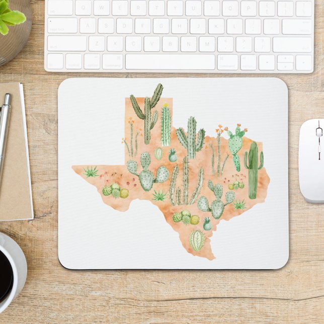 Texas Cactus Succulent Watercolor Illustration Map Mouse Pad (In situ office desk)