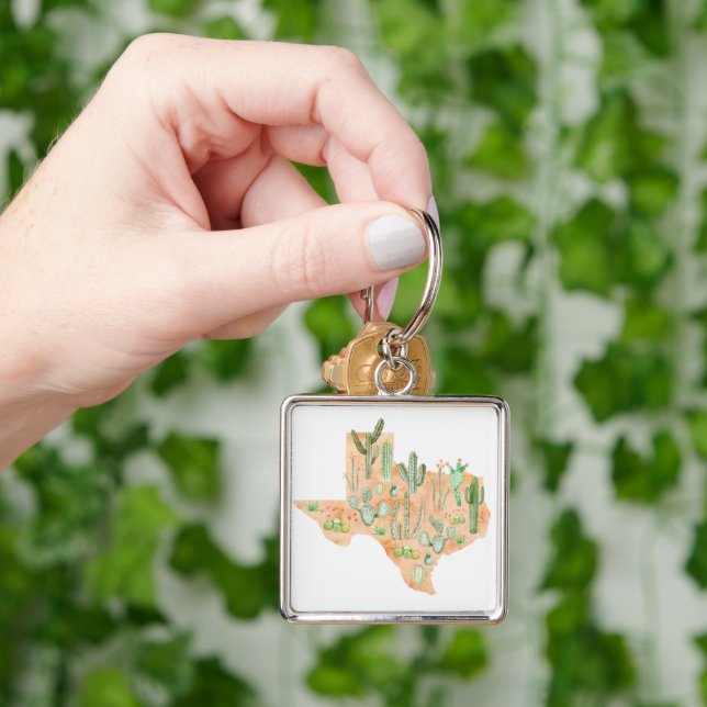 Texas Cactus Watercolor Illustration Map Keychain (Hand)