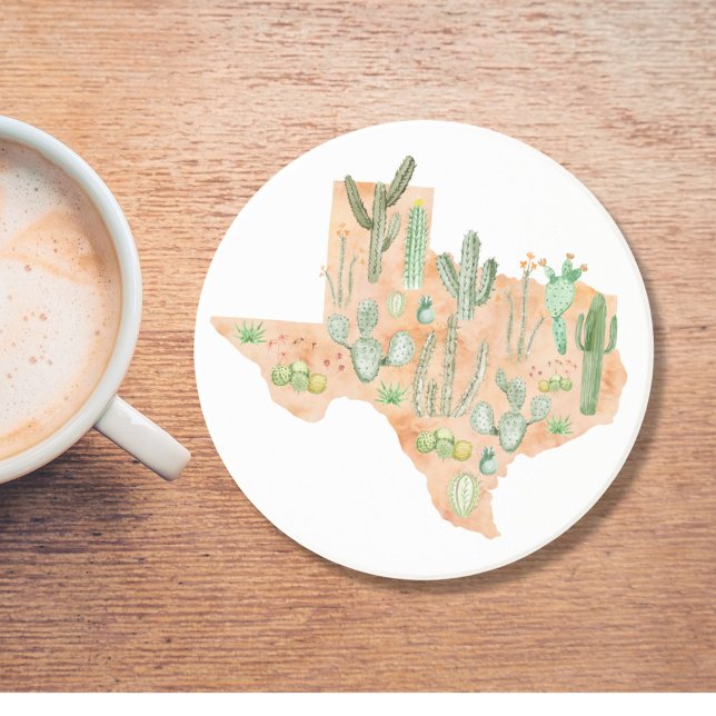 Texas Cactus Watercolor Illustration Map Travel Coaster (In situ)