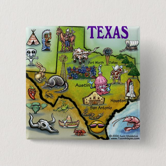 TEXAS Cartoon Map 2 Inch Square Button (Front)