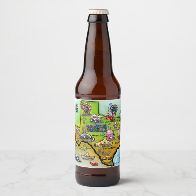Texas Cartoon Map Beer Bottle Label (Front)