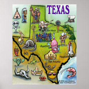 Texas Cartoon Map Poster