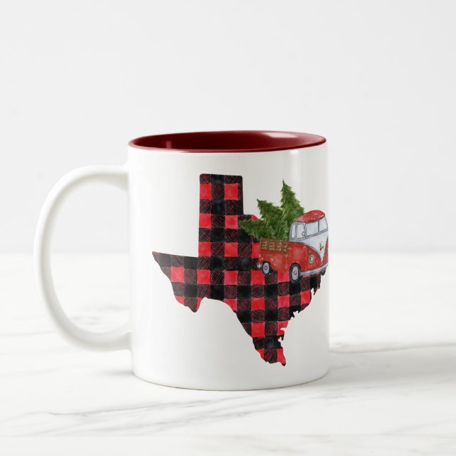 Texas Christmas Buffalo Plaid Red Pickup Truck Two-Tone Coffee Mug (Left)