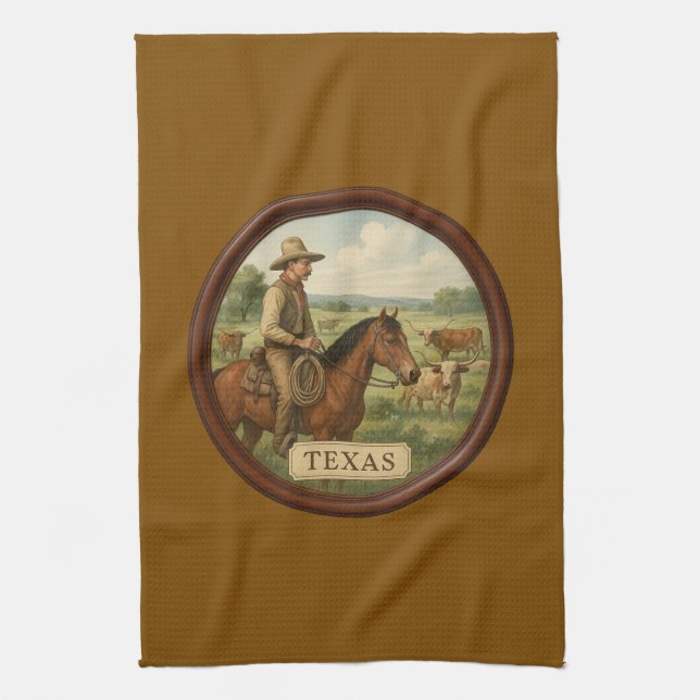 Texas Cowboy Brown Kitchen Towel (Vertical)