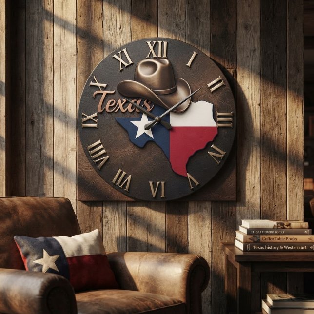 Texas Cowboy Hat Flag Leather  Large Clock (Creator Uploaded)