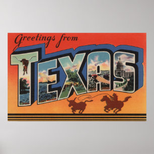 Texas (Cowboy Roping Bull)Large Letter Scenes Poster