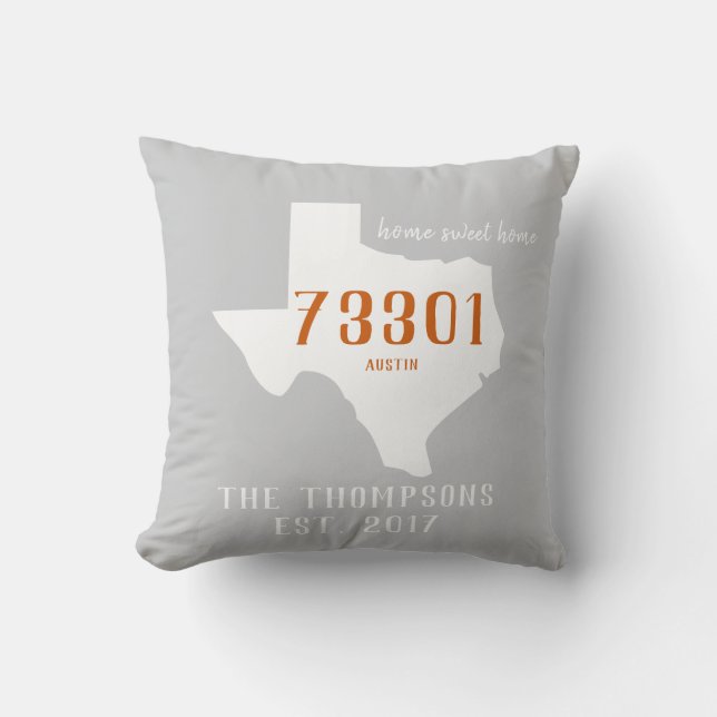 Texas Custom Town Zip Code Home Pillow Orange Grey (Front)