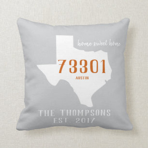 Texas Custom Town Zip Code Home Pillow Orange Grey
