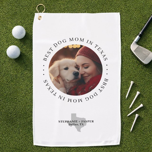Texas Dog Mom Personalized Photo Golf Towel (Add photo, names, and city / location  to personalize)