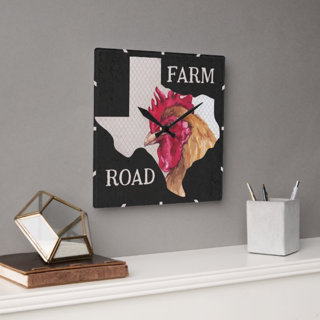 Texas Farm Road Chicken Square Wall Clock (Office)