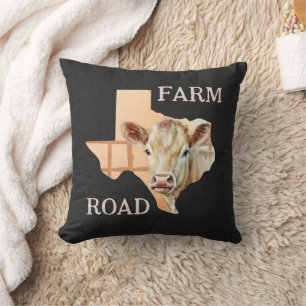 Texas Farm Road Cow Throw Pillow