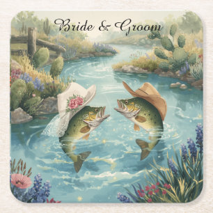 Texas Fishing Wedding Square Paper Coaster