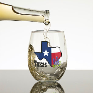 Texas Flag & Flower Bluebonnet with Custom Name Stemless Wine Glass