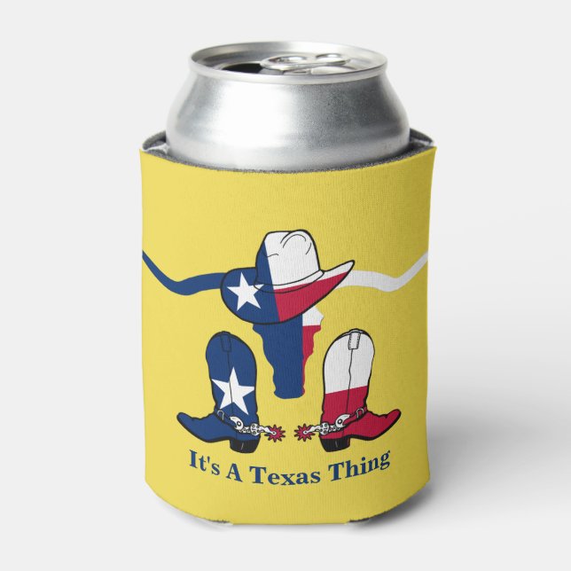 Texas Flag Steer Head With Cowboy Hat and Boots Can Cooler (Can Front)