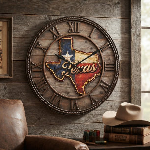 Texas Flag Wood Rustic Rope Trim  Large Clock