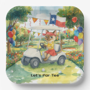 Texas Golf Birthday Party on green for cat lovers Paper Plate