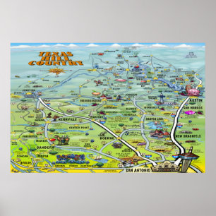 Texas Hill Country Cartoon Map Poster