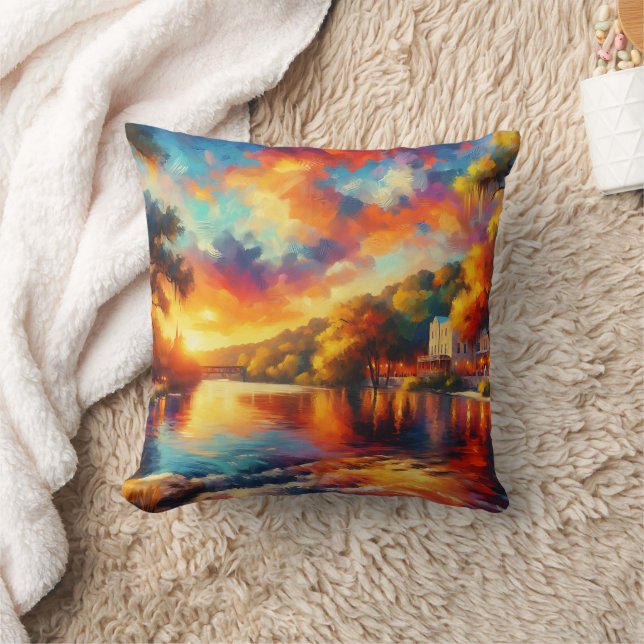 “Texas Hill Country: River Sunset" Throw Pillow (Blanket)
