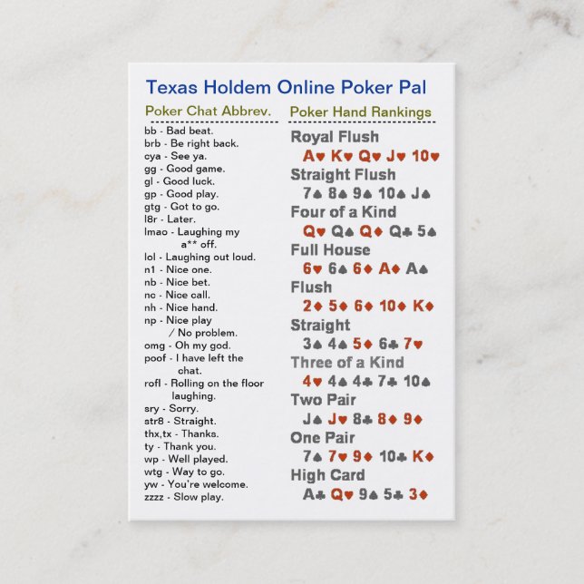 Texas Holdem Online Poker Pal Business Card (Front)