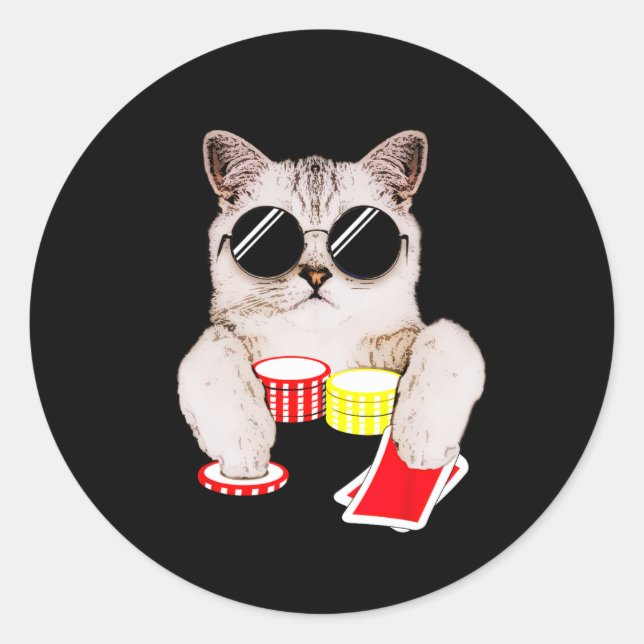 Texas Holdem Poker Cat  Classic Round Sticker (Front)