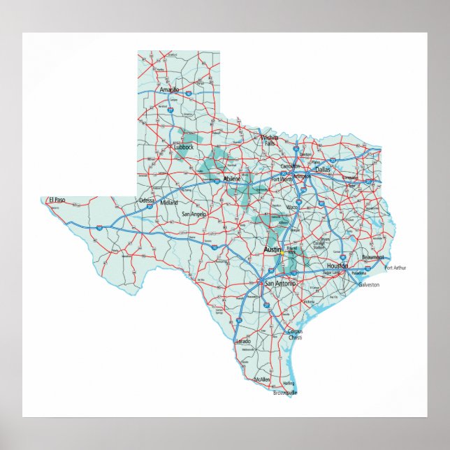 Texas Interstate Map Print (Front)