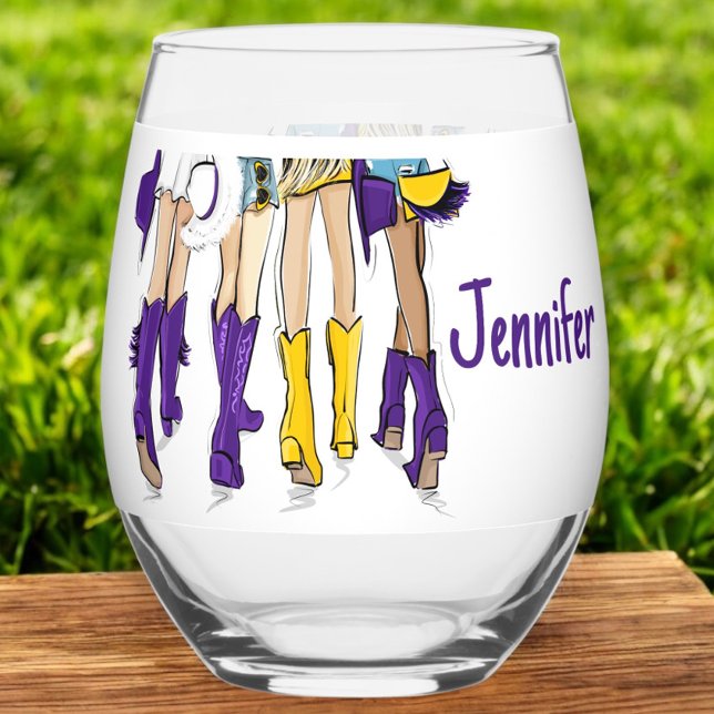 Texas Ladies Fashion Cowboy Boot Green Gold Stemless Wine Glass (Creator Uploaded)