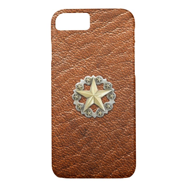Texas Lone Star Concho on Brown Leather look Case-Mate iPhone Case (Back)