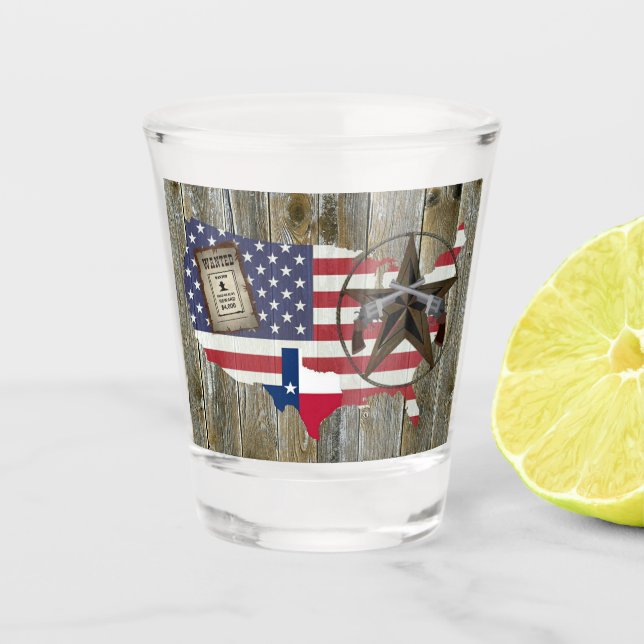 Texas Lone Star Duelling Pistols Most Wanted Sign Shot Glass (Front)
