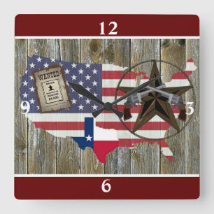 Texas Lone Star Duelling Pistols Most Wanted Sign  Square Wall Clock