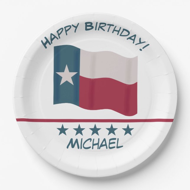 Texas Lone Star Flag Name Personalize Birthday Paper Plate (Front)
