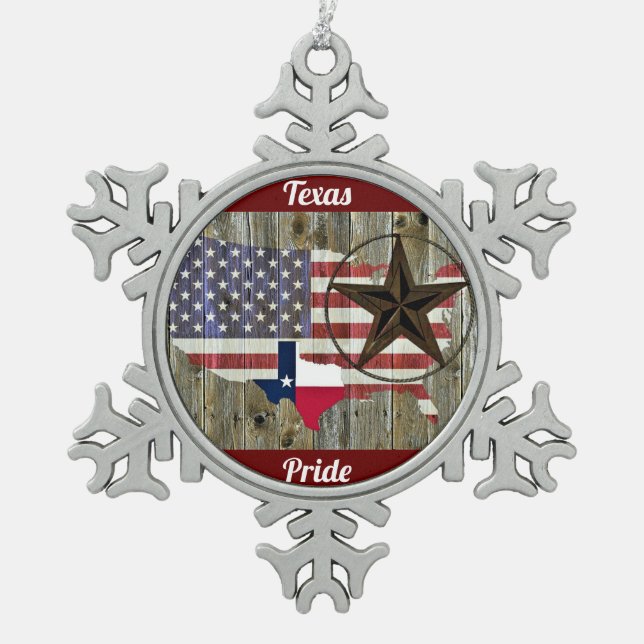 Texas Lone Star State Flag Map Snowflake Pewter Christmas Ornament (Front)