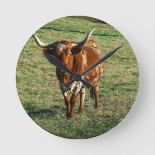 Texas Longhorn Cattle Cow  Photo Rustic Round Clock