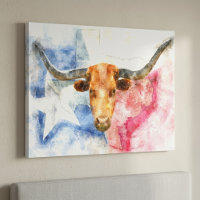 Texas Longhorn Cow and Flag Watercolor Print Art