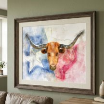 Texas Longhorn Cow and Flag Watercolor Print Art