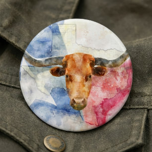 Texas Longhorn Cow and Flag Watercolor Print Art 6 Inch Round Button