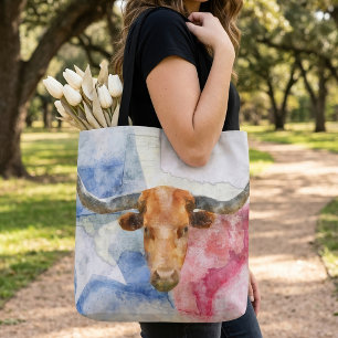 Texas Longhorn Cow and Flag Watercolor Print Art Tote Bag