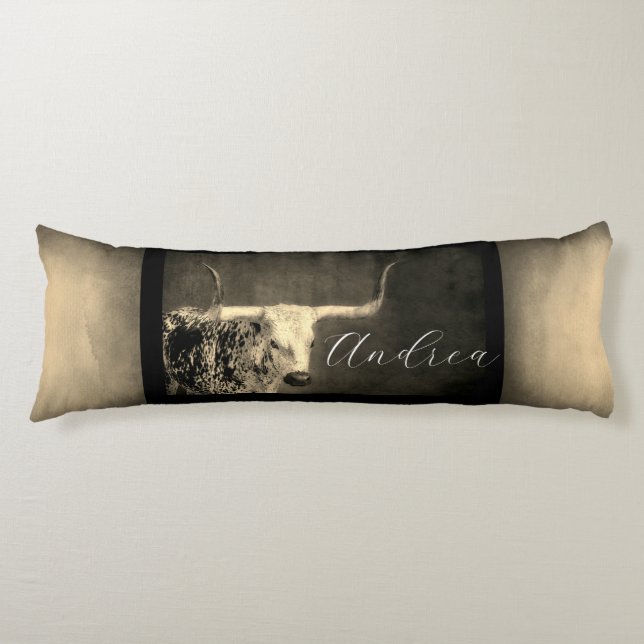 Texas Longhorn cow sepia distressed add your text  Body Pillow (Front)