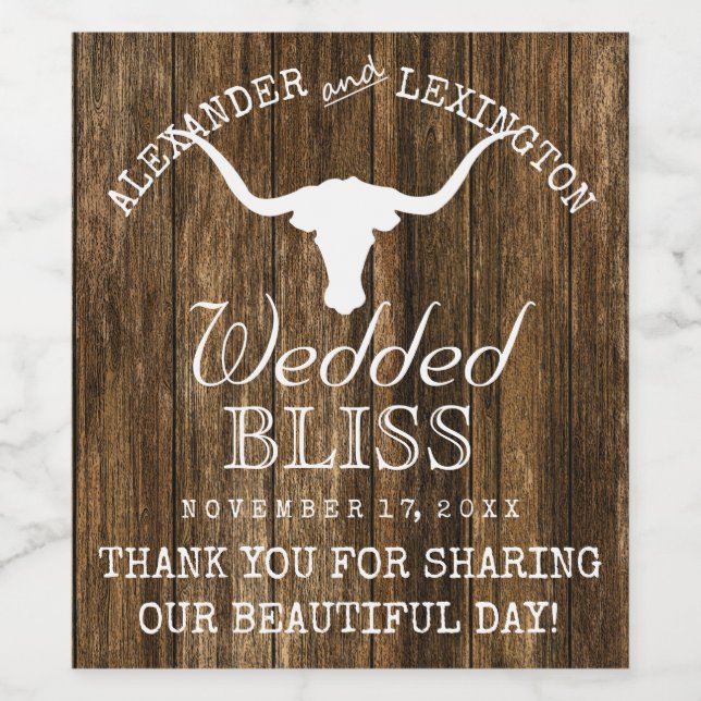 Texas Longhorn Rustic Country Ranch Wedding Wine Label (Single Label)