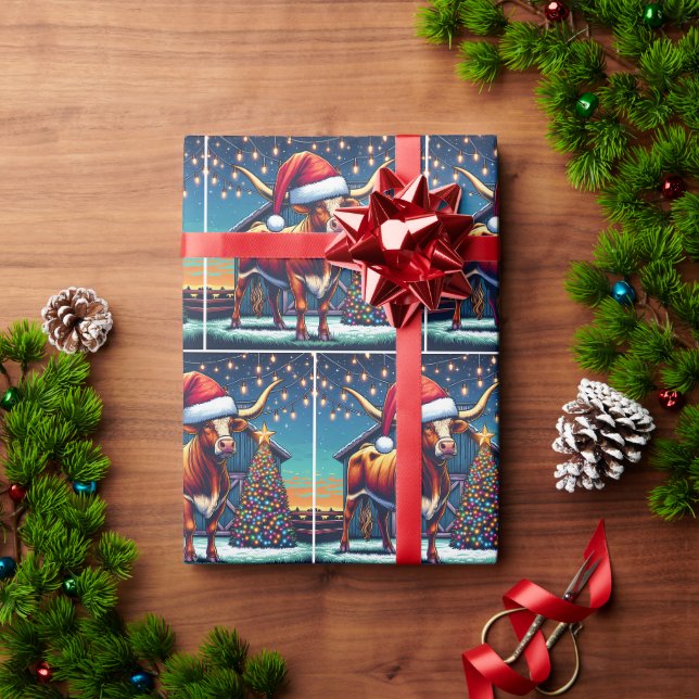 Texas Longhorn Standing By Christmas Barn Wrapping Paper (Holiday Gift)