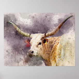 Texas Longhorn Watercolor Photo Abstract Modern Poster