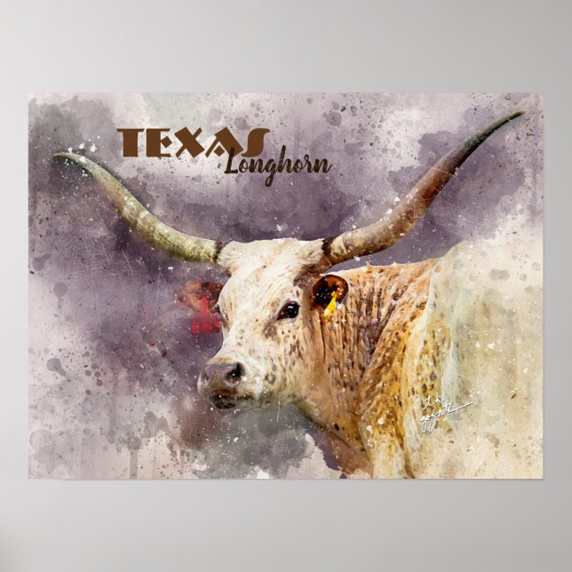 Texas Longhorn Watercolor Photo Abstract Modern Poster (Front)